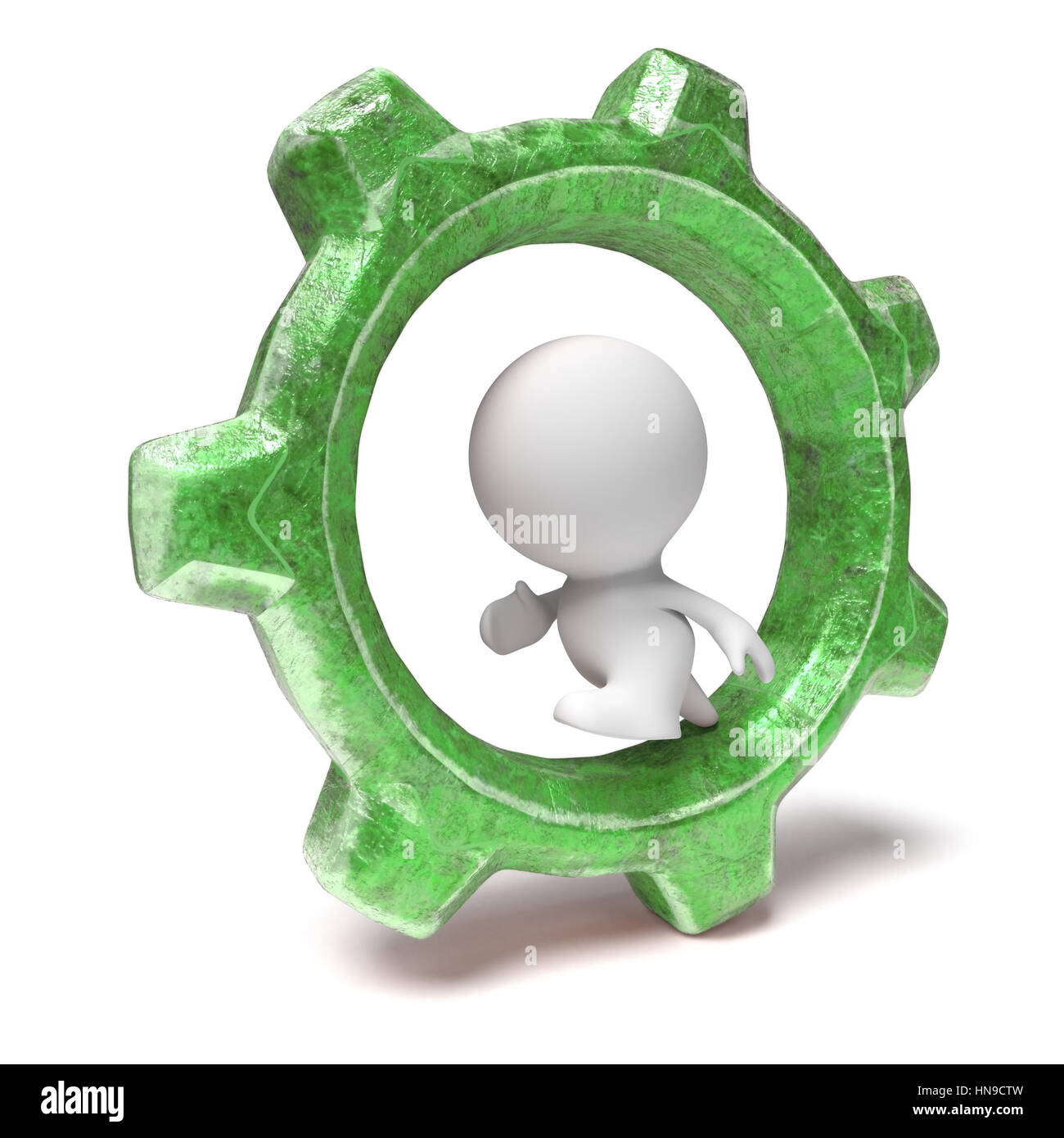 3d human character running in a green gear-wheel Stock Photo