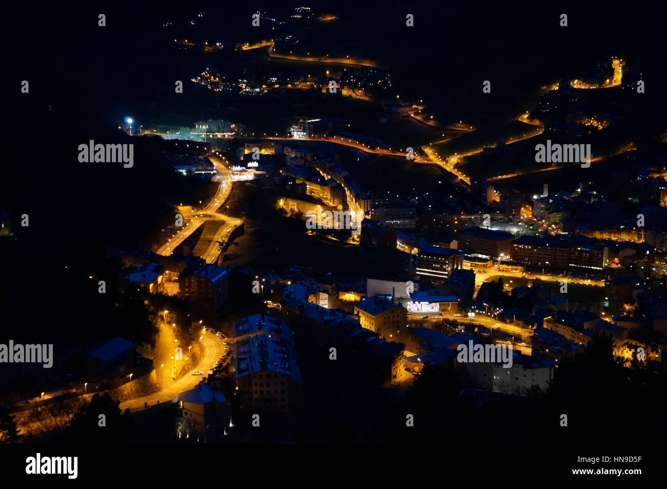 Night bird's-eye view on mountain inhabited locality  in Andorra Stock Photo