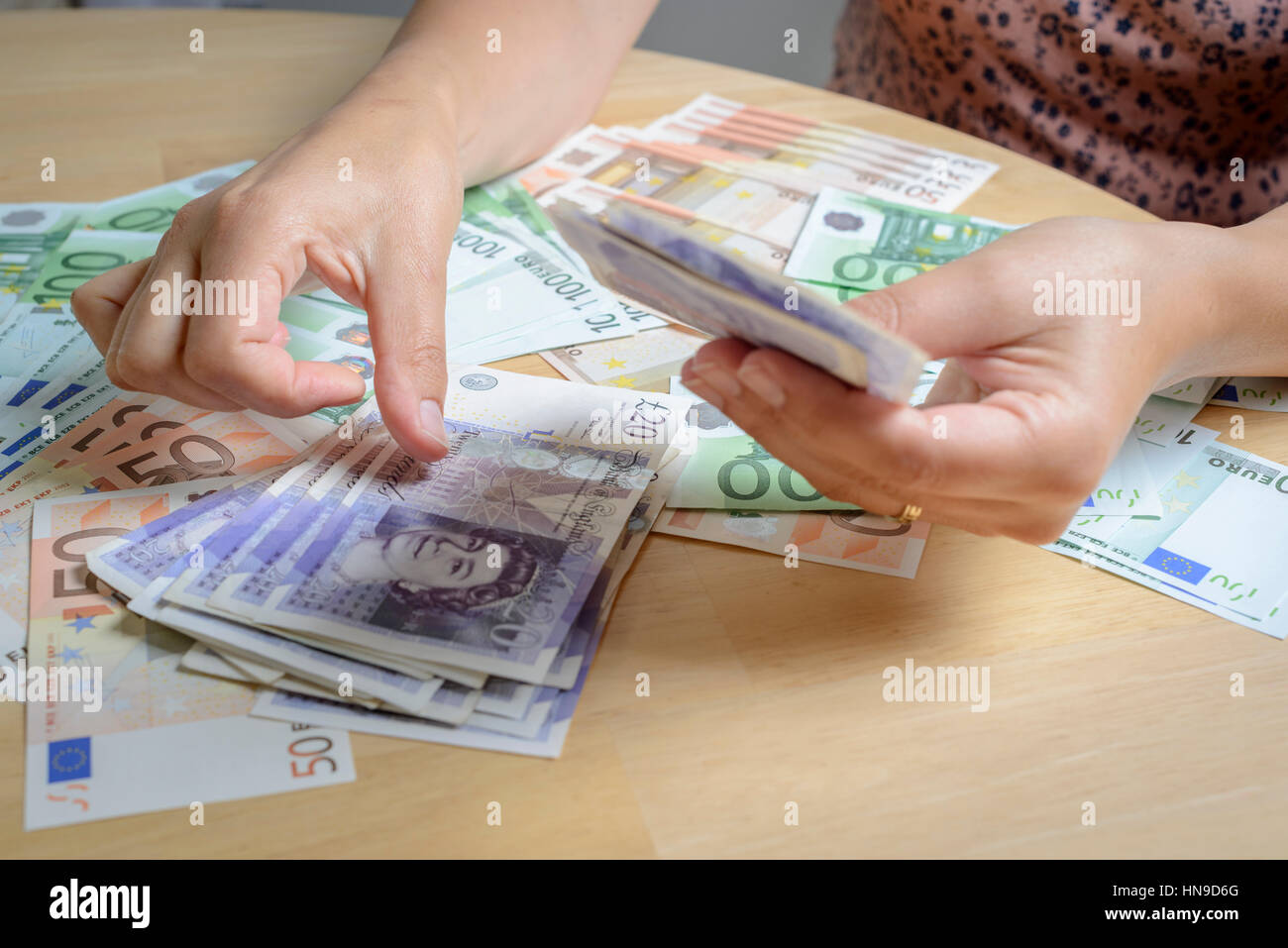 Person counting holiday currency-UK Pounds Sterling and Euros Stock Photo