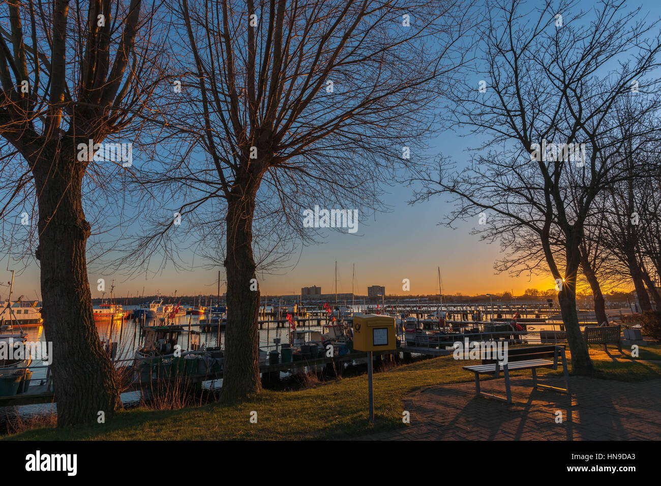 View across the small fishing habor of Strande community near Kiel with its fishing boats,  Baltic Sea, Schleswig Holstein, Germany Stock Photo