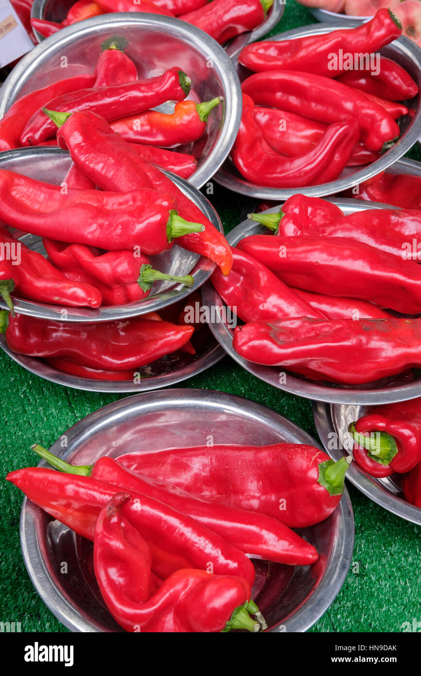 Organic Red Romano peppers on sale at Borough Market,London,UK Stock Photo