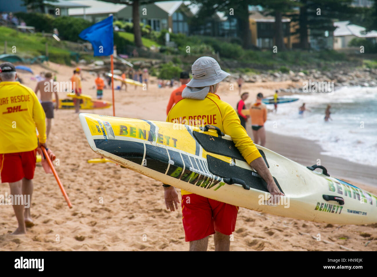Surf rescue volunteers on Avalon Beach,Sydney,Australia Stock Photo
