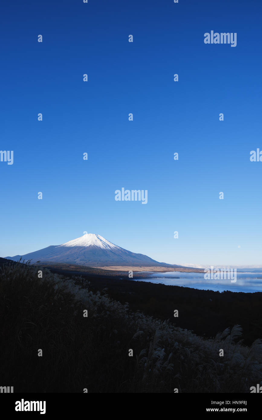 Morning light illuminating Mount Fuji and Lake Yamanaka, Yamanashi Prefecture, Japan Stock Photo