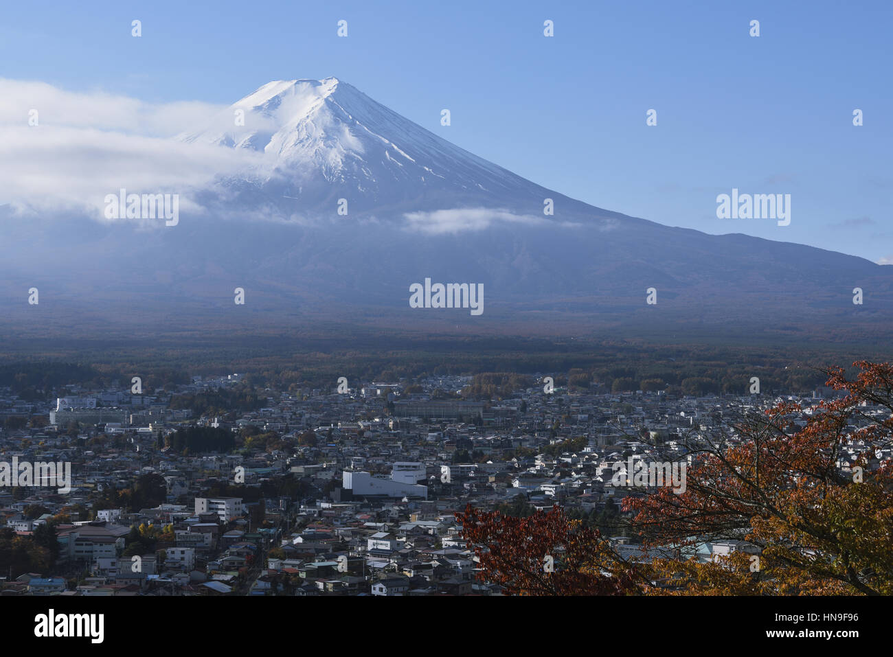 Mount Fuji and Fuji-Yoshida city from Arakura Sengen Shrine, Yamanashi Prefecture, Japan Stock Photo