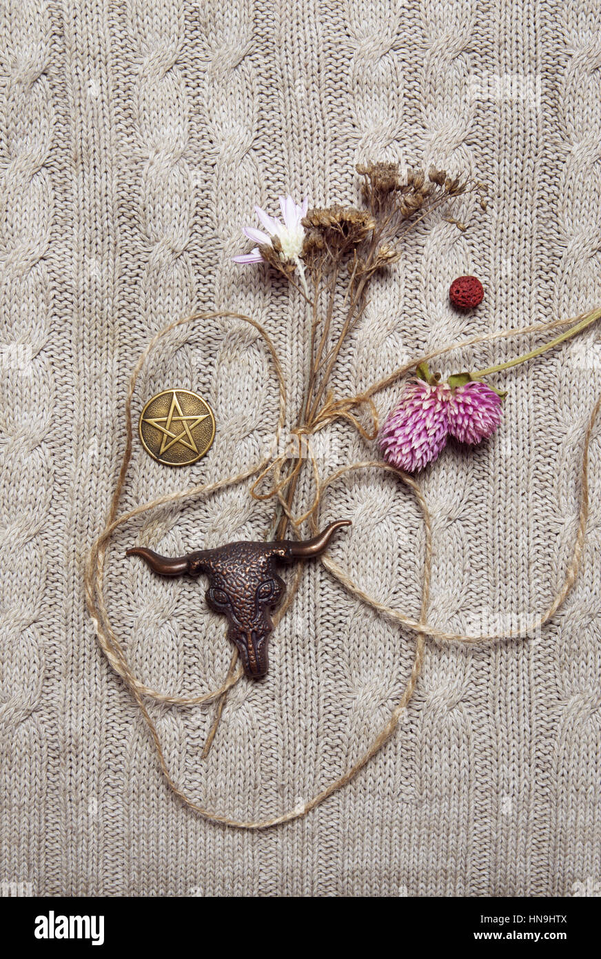 Composition with pressed flowers, pentacle and skull amulet Stock Photo