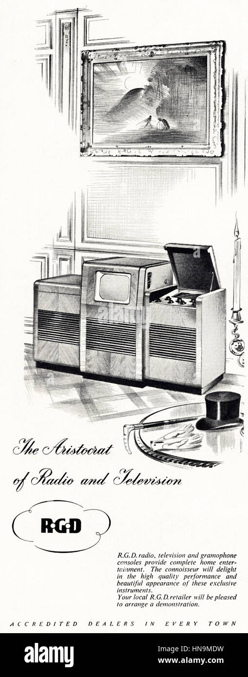 1950s advertising advert from original old vintage English magazine dated 1950 advertisement for RGD radio television and gramophone consoles Stock Photo