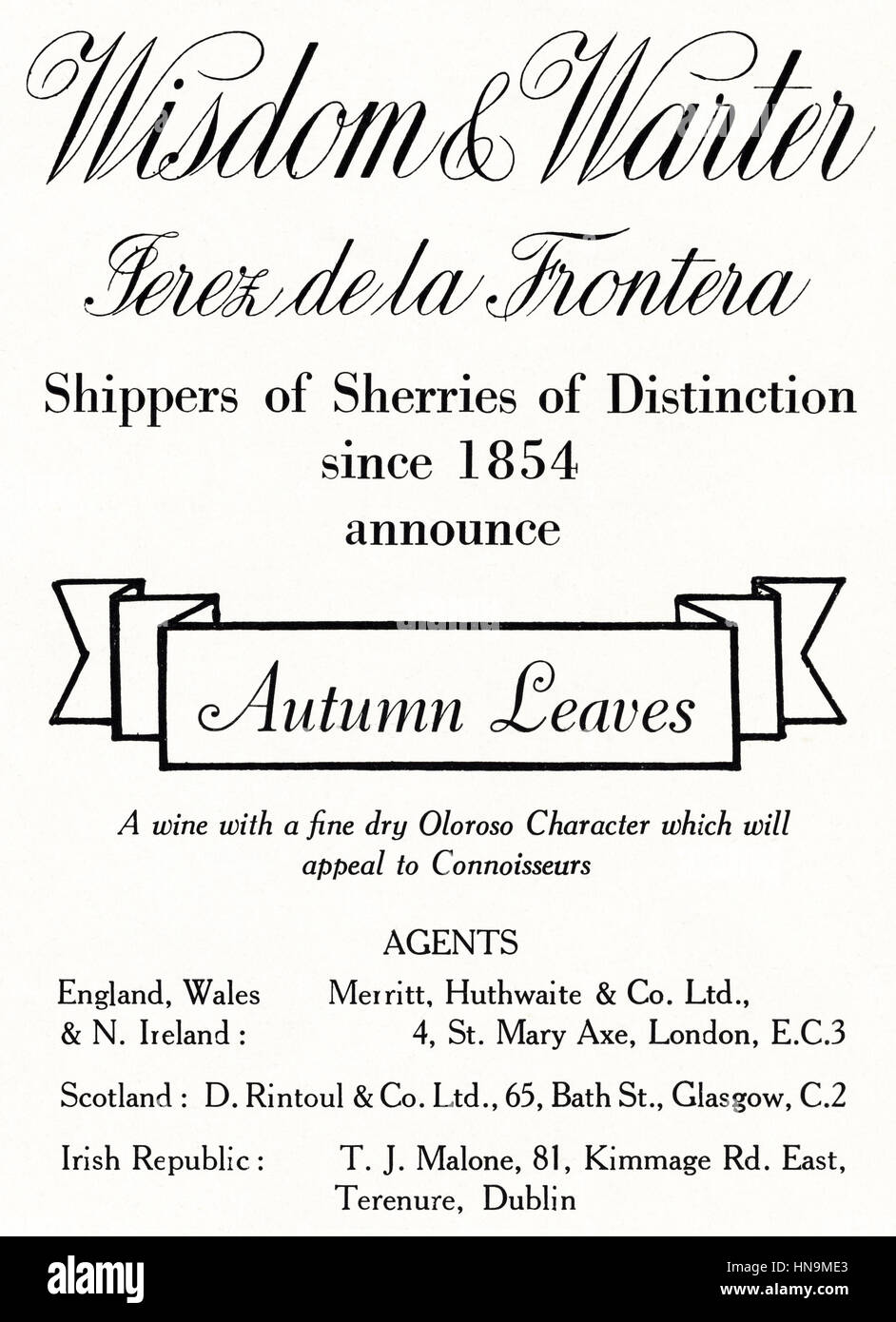 1950s advertising advert from original old vintage English magazine dated 1950 advertisement for Wisdom & Warter shippers of Spanish sherry Stock Photo