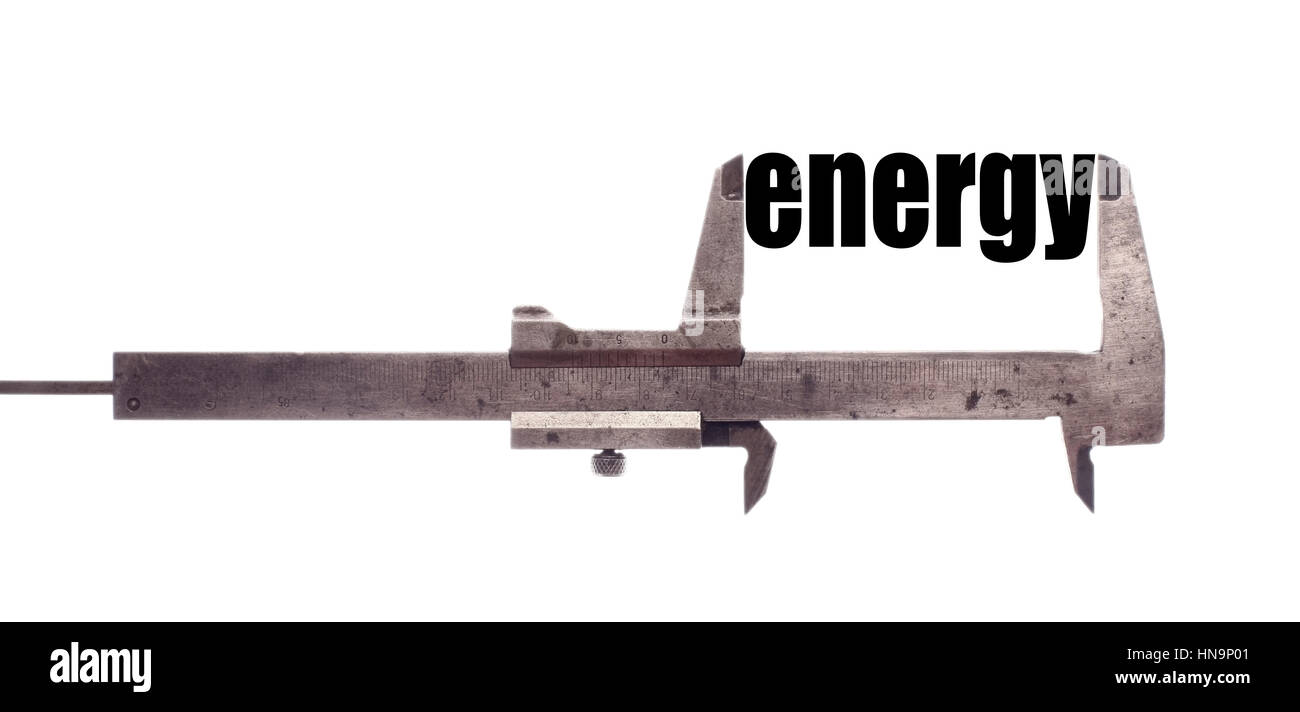 Color horizontal shot of a caliper and measuring the word "energy Stock
