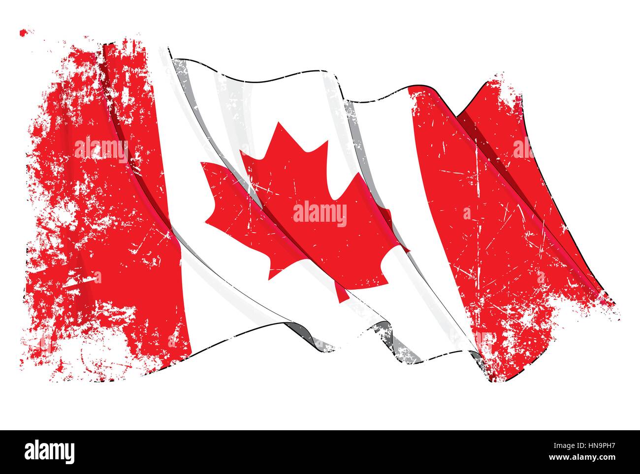 Grunge illustration of a waving Canadian flag against white background, with clipping path Stock Vector