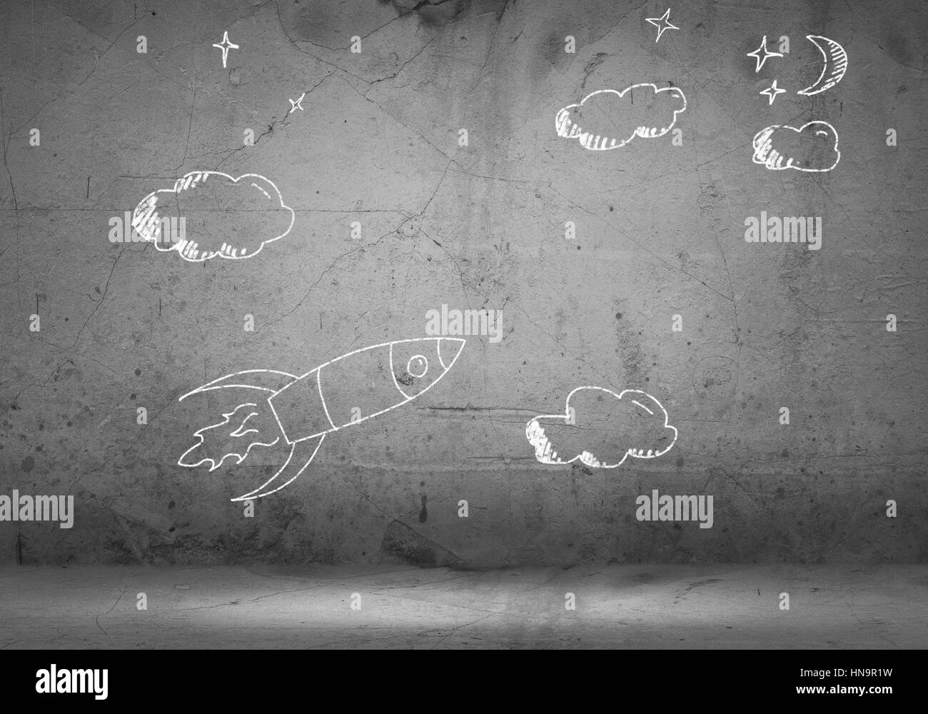 Illustration image with drawn on wall flying rocket Stock Photo