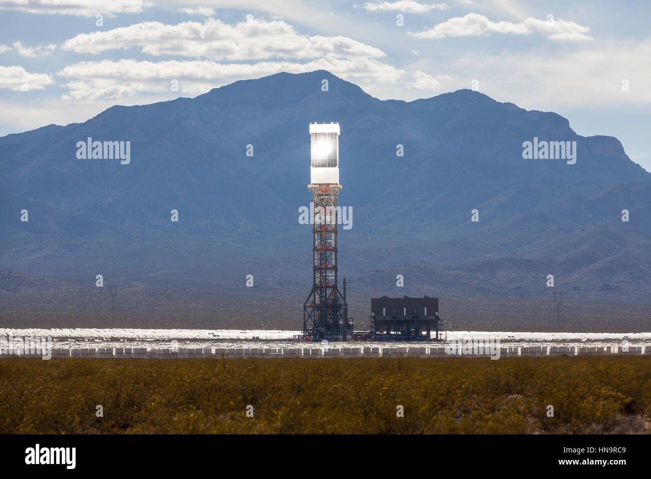 Editorial photo of the massive newly operational 392 megawatt Ivanpah solar thermal power plant in California's Mojave desert. Stock Photo