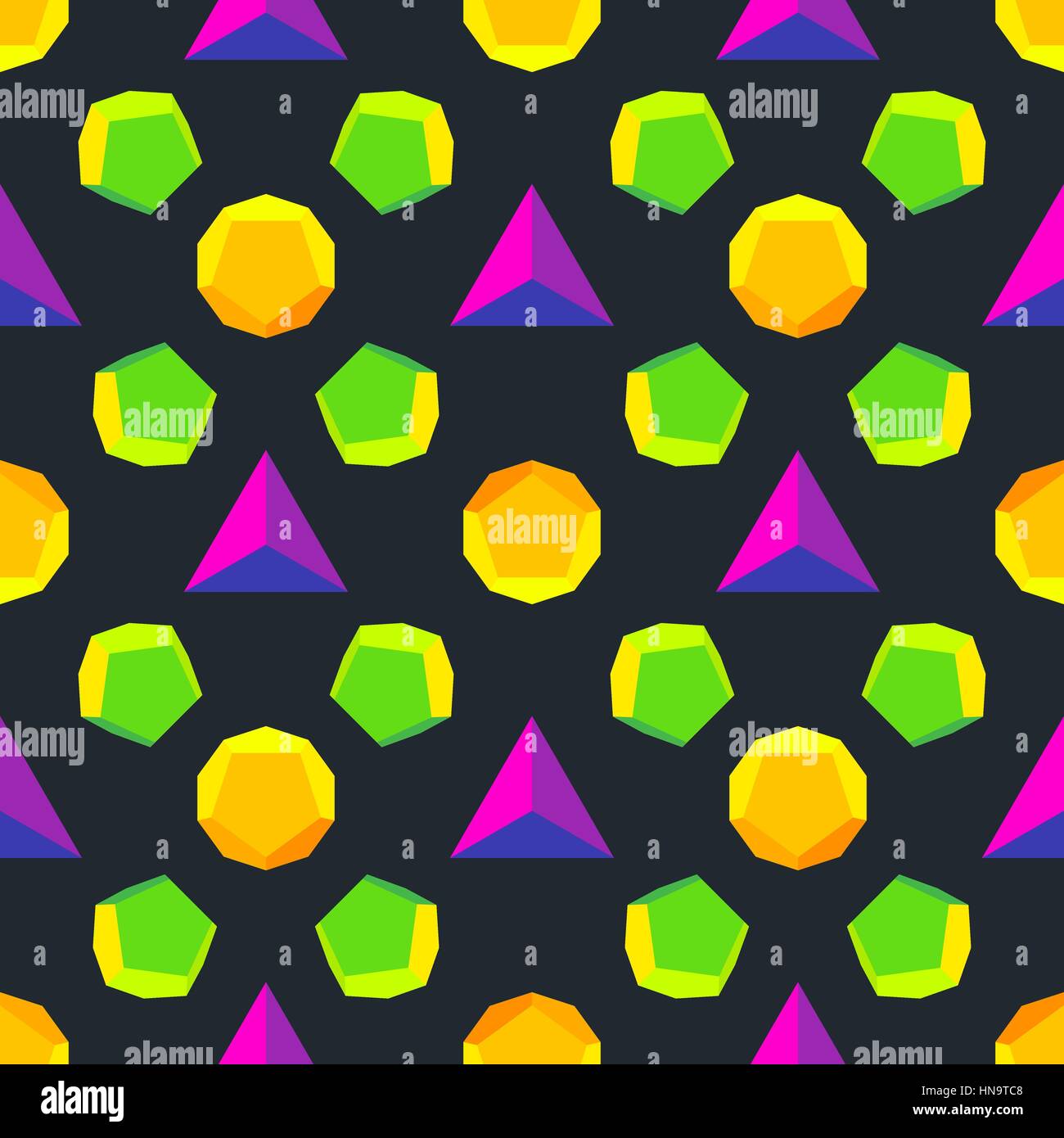 vector various platonic solids violet green orange yellow colors seamless pattern isolated black background Stock Vector