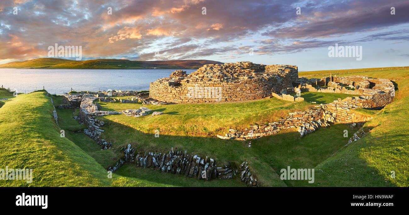 The Broch of Gurness is a rare example of a well preserved broch village (500 to 200BC), Orkney Island, Scotland. Stock Photo