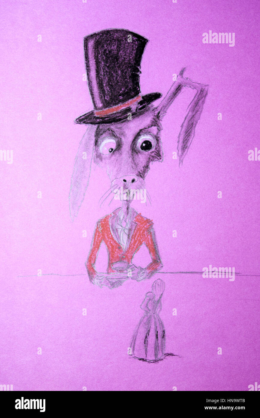 Ugly rabbit in a hat drinking tea. Beside him on the table is ...