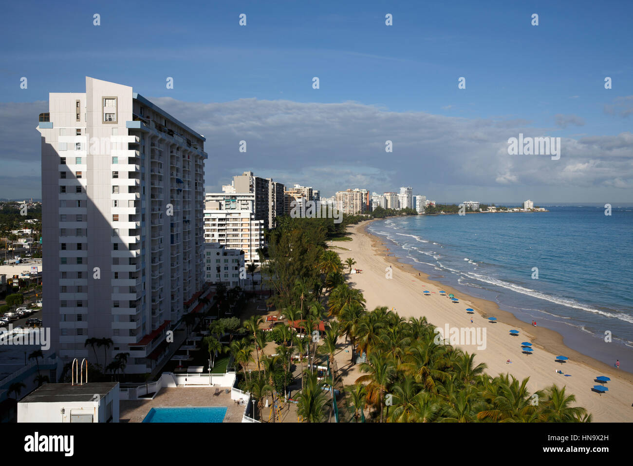 High rise, condo condominium buildings, Isla Verde beach, Carolina, San Juan, Puerto Rico Stock Photo