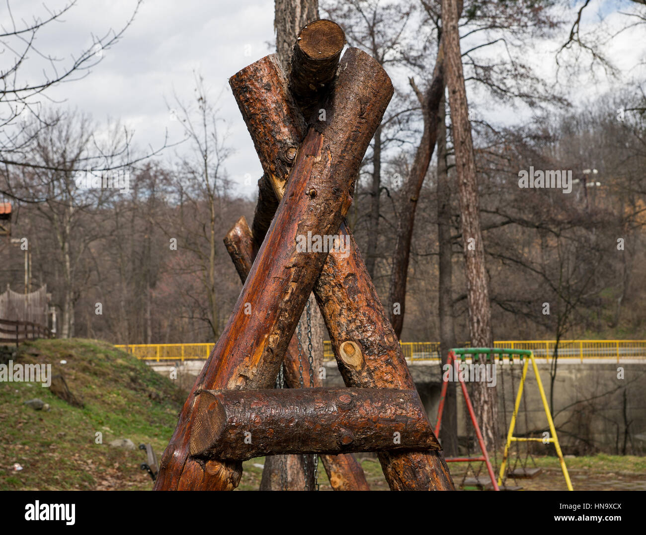Wooden structure for a swing details Stock Photo