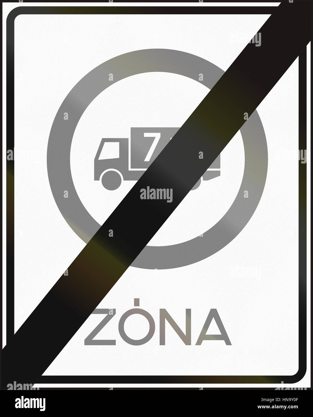Road sign used in Hungary - End of no lorries weighing more than 7,5 tons - zone. Stock Photo