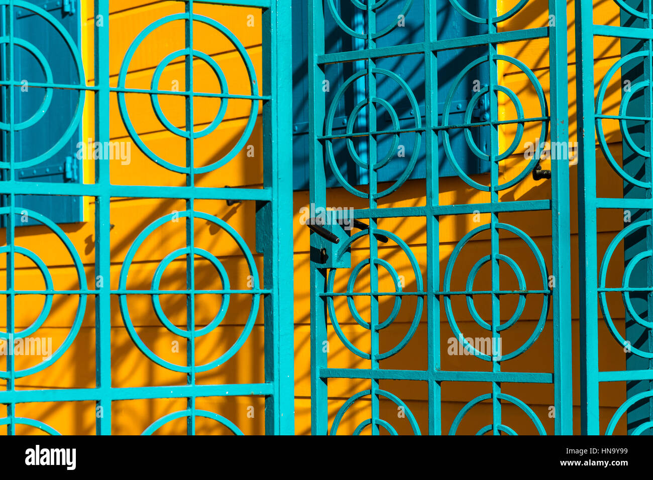 door and fence of a traditional house in Basse Terre, Guadeloupe Stock Photo