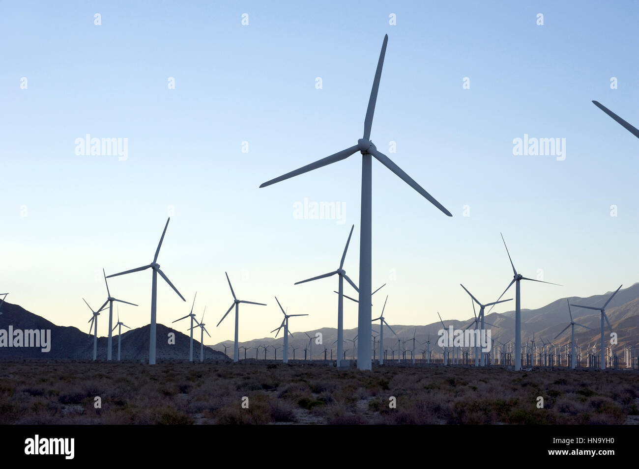 Wind mills in the Palm Desert near Palm Springs Stock Photo
