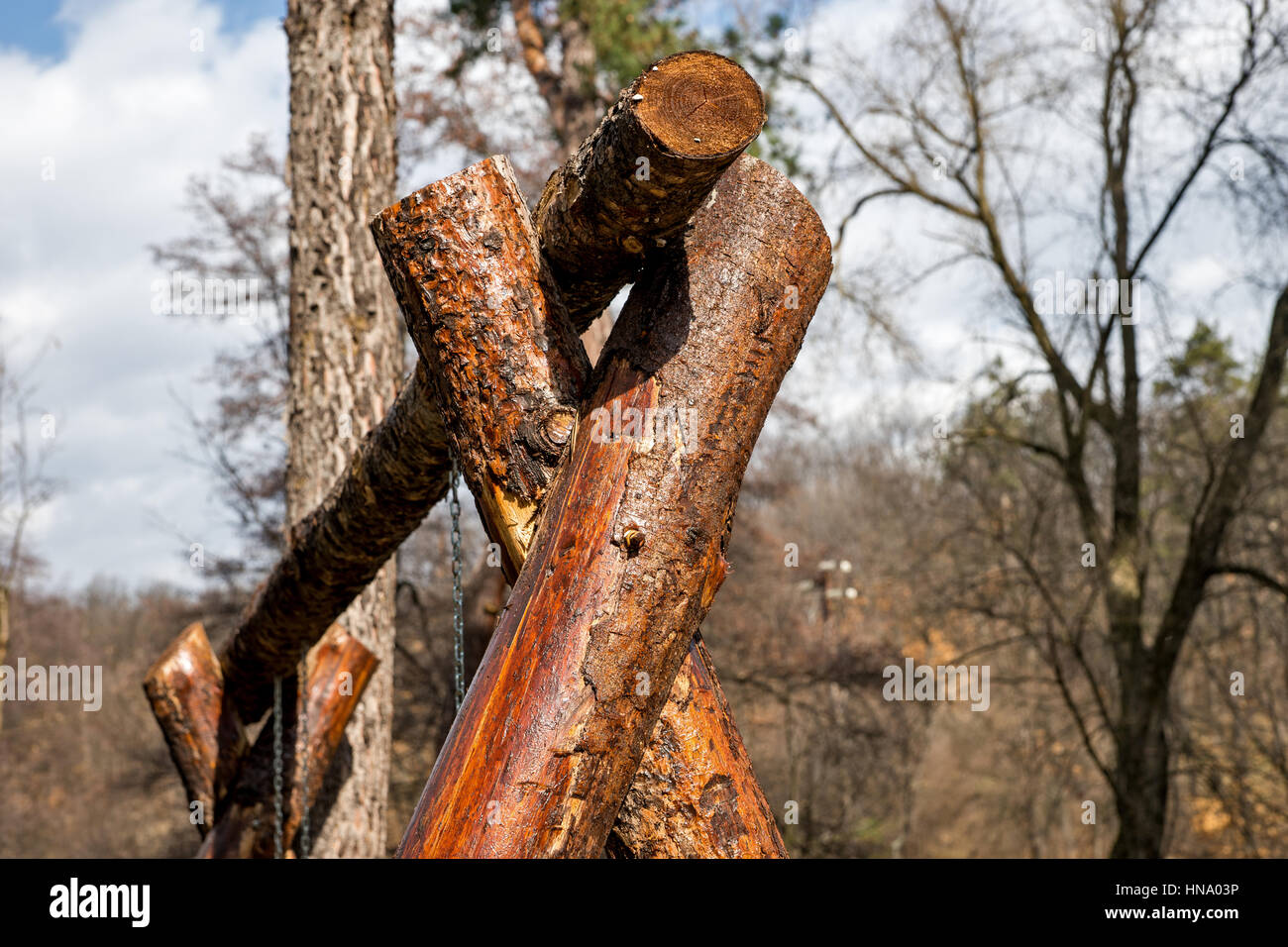 Wooden structure for a swing details Stock Photo