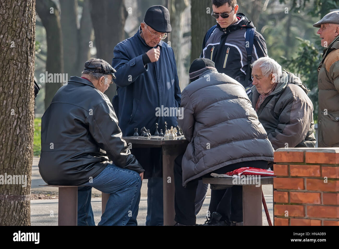 Belgrade, Serbia - February 27, 2016: The group retirees play chess in the park Stock Photo