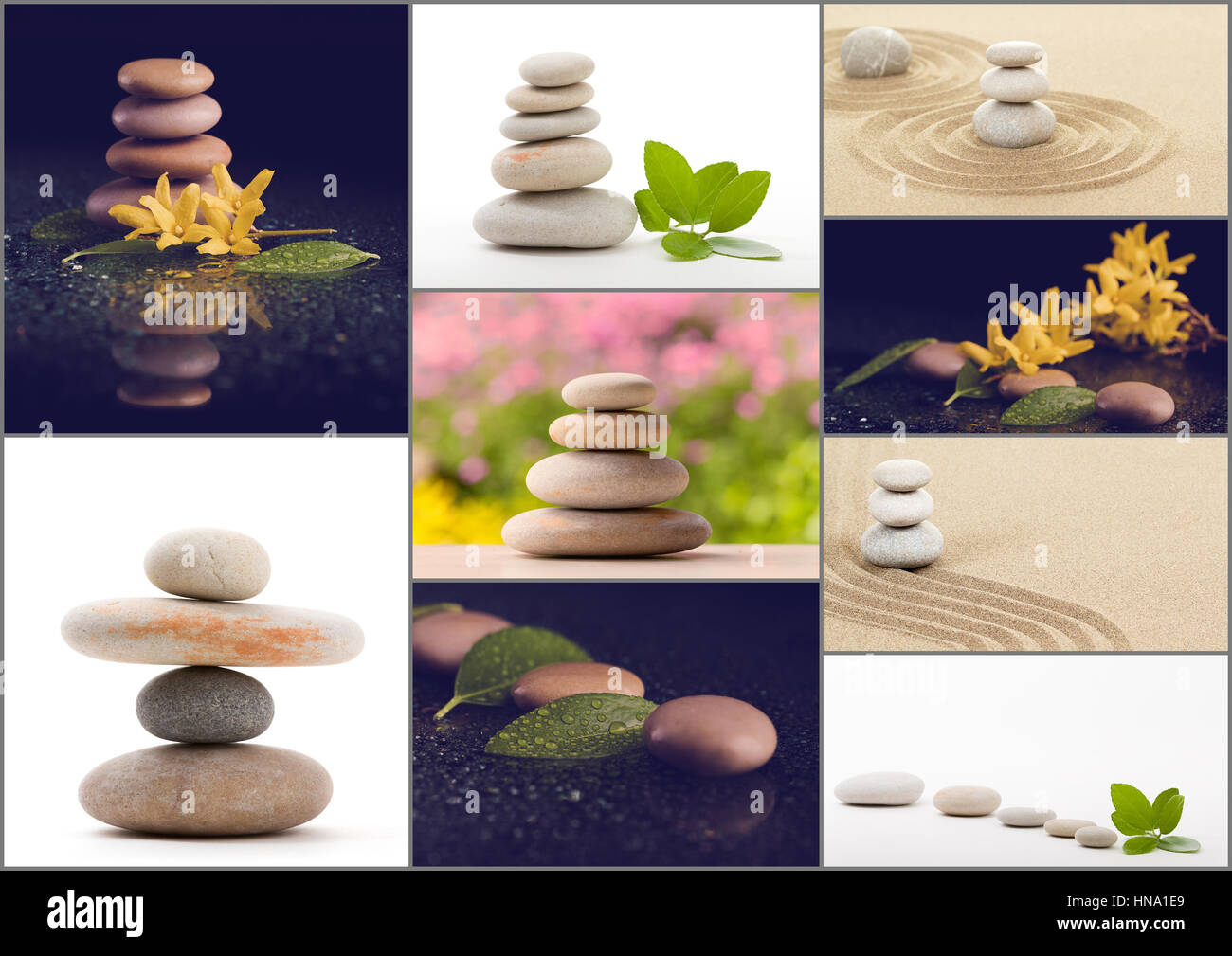 Collection, collage of balancing zen pebble stones, spa wellness ...