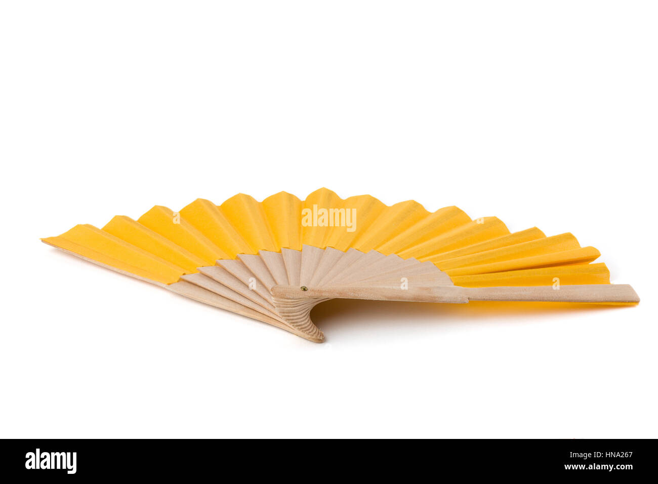 Yellow Open Hand Fan Isolated on a White Background. Front View. Studio shot. Focus stacking