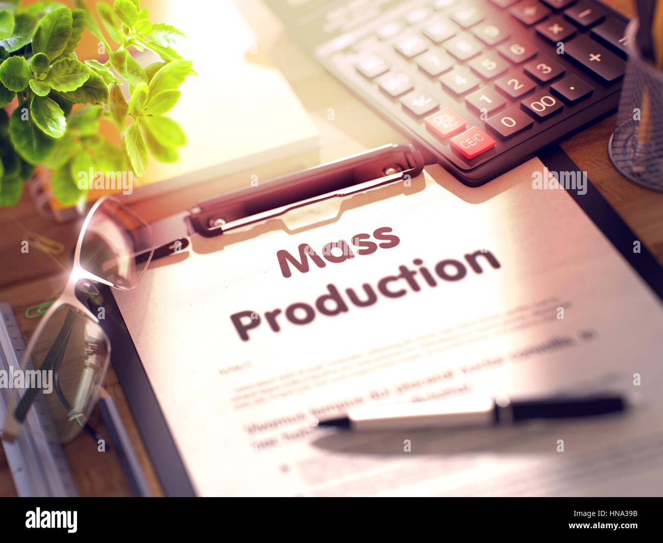 Mass Production Concept on Clipboard. 3D. Stock Photo