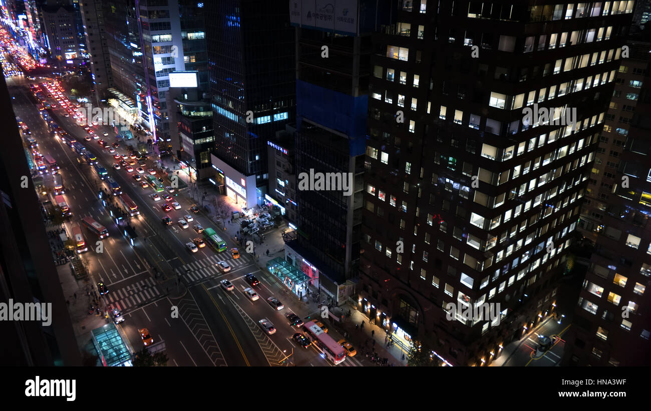 View of Gangnam-daero Boulevard in Gangnam district at night, Seoul, South Korea, Asia. Traffic, cars, buses Stock Photo
