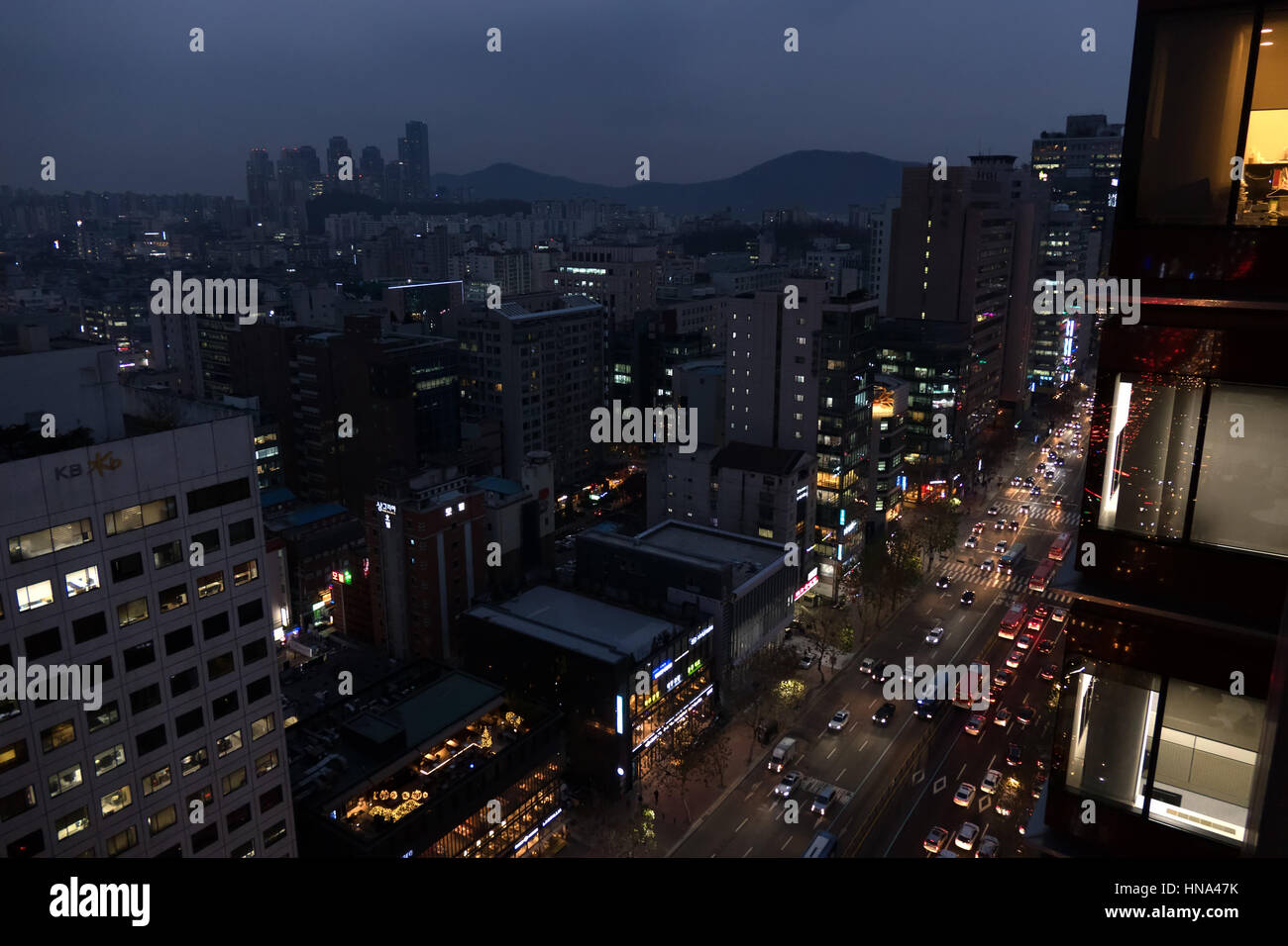 View of Gangnam-daero Boulevard in Gangnam district at night, Seoul, South Korea, Asia. Traffic, cars, buses Stock Photo