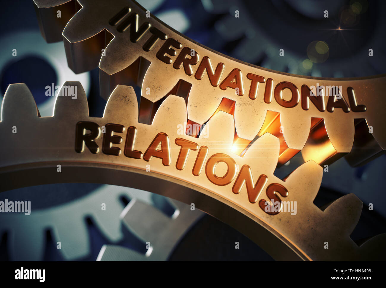 International Relations on Golden Gears. 3D Illustration. Stock Photo