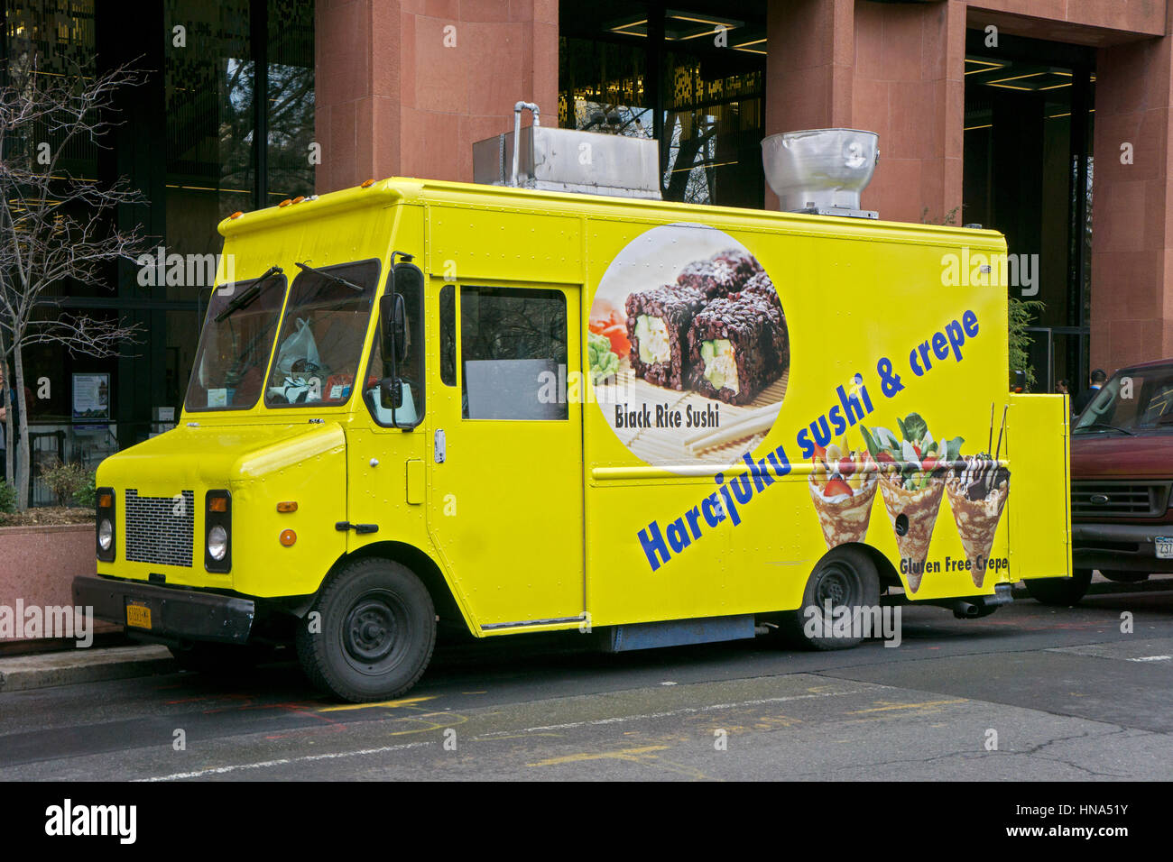 A food van selling sushi and crepes parked near NYU in Greenwich Village, Manhattan, New York City Stock Photo
