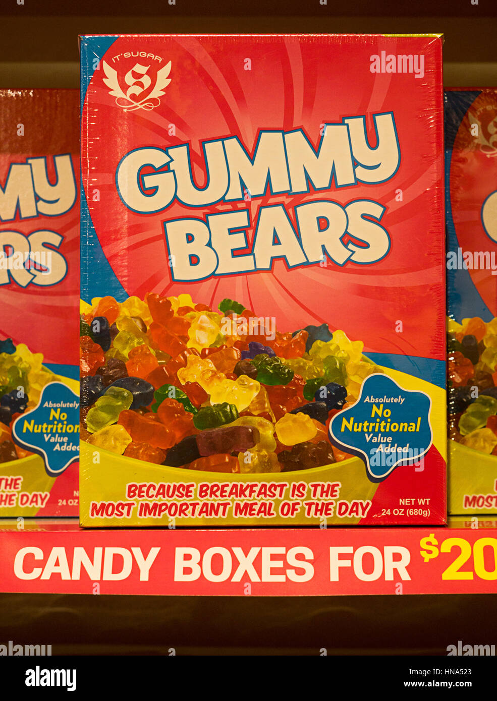 A cereal sized box of Gummy Bears for sale for $20 at It'sugar on Broadway in Greenwich Village, Manhattan, New York City. Stock Photo