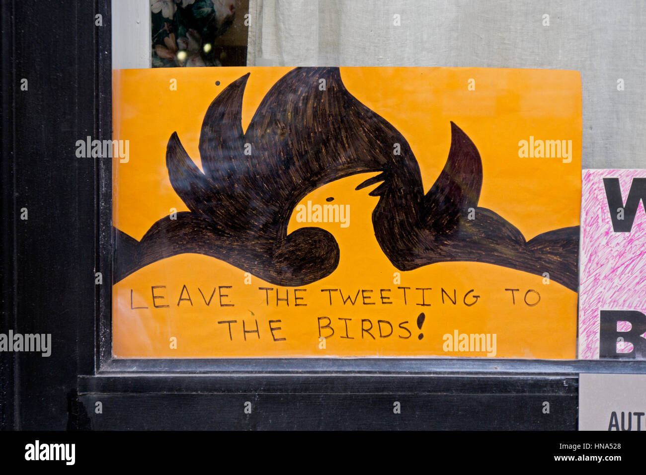 A sign in an East Village shop window deploring President Trump to stop tweeting and leave tweeting to the birds. Greenwich Village, New York City. Stock Photo