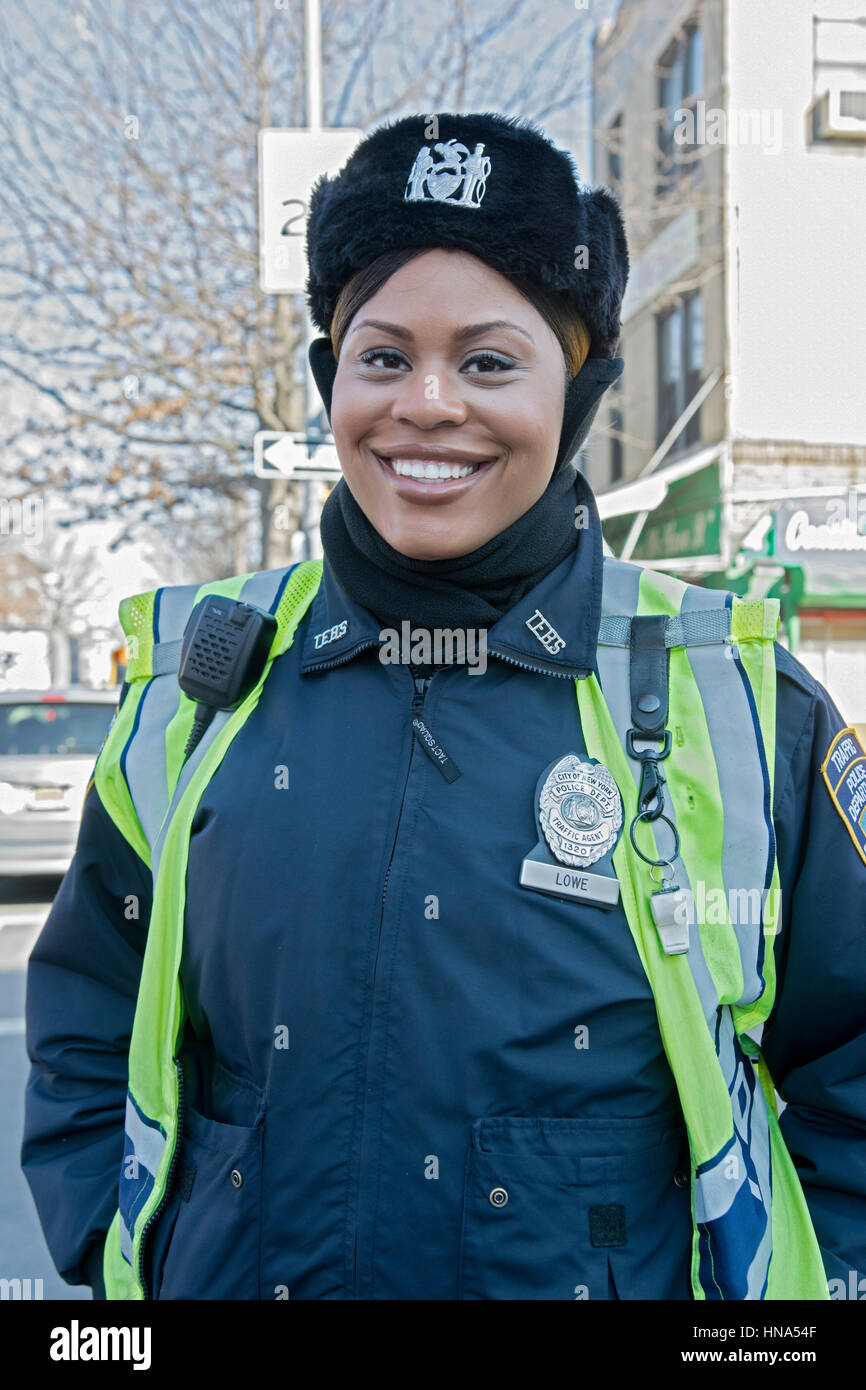 Portrait of a beautiful African American policewoman ibn Crown Heights, Brooklyn, New York City Stock Photo