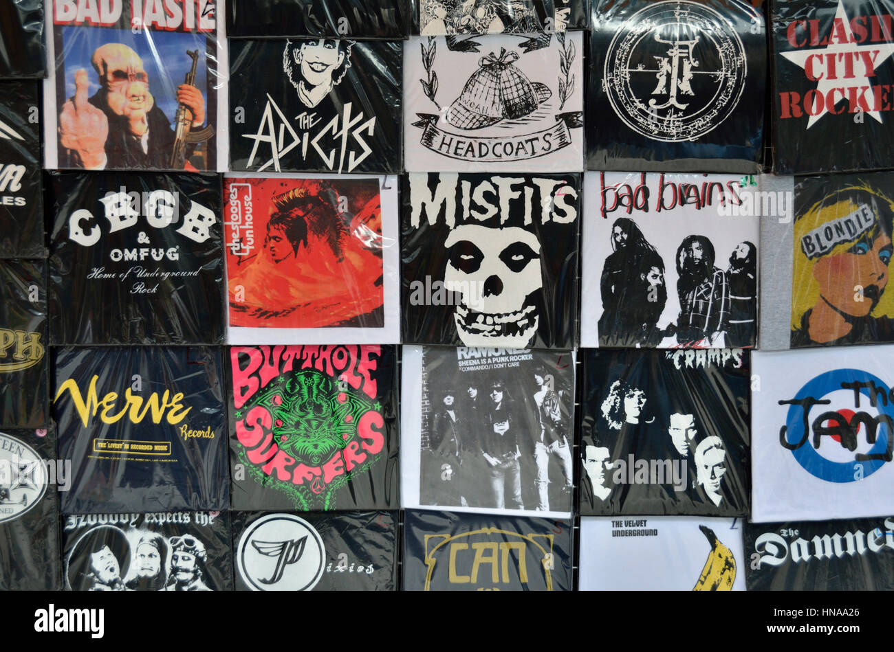 Alternative ’punk’ band t-shirts on a market stall Stock Photo