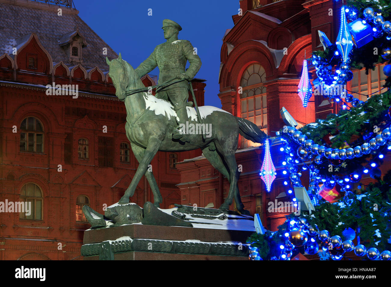 Monument to World War II Soviet Marshal Georgy Zhukov (1896-1974) at Manege Square during Christmas time in Moscow, Russia Stock Photo
