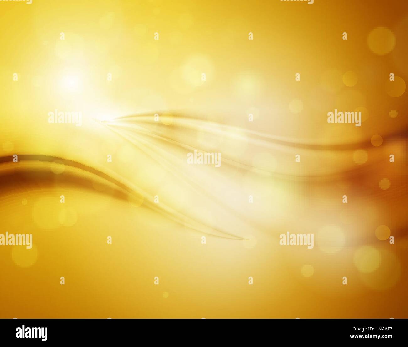 Smooth light gold waves lines and Lens Flares vector abstract background. Bokeh effect Stock Vector