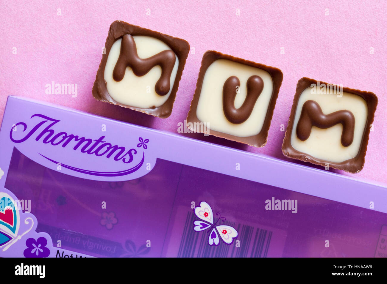 Thorntons Mum chocolates perfect as  Mothers Day Mothering Sunday, present on pink background Stock Photo