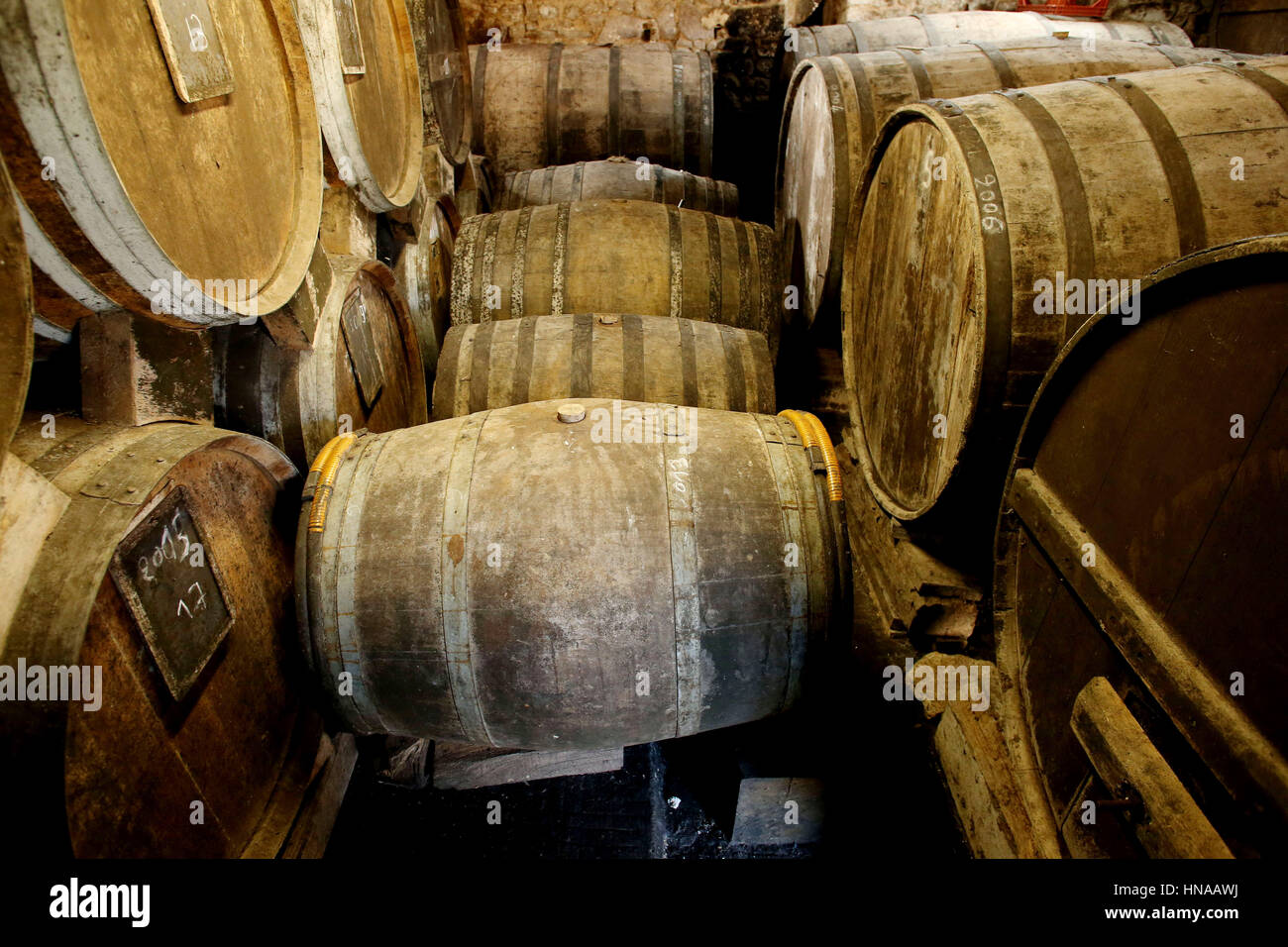 Pear cider and Calvados produced by Frédéric Pacory in the Orne department (2015/02/03) Stock Photo