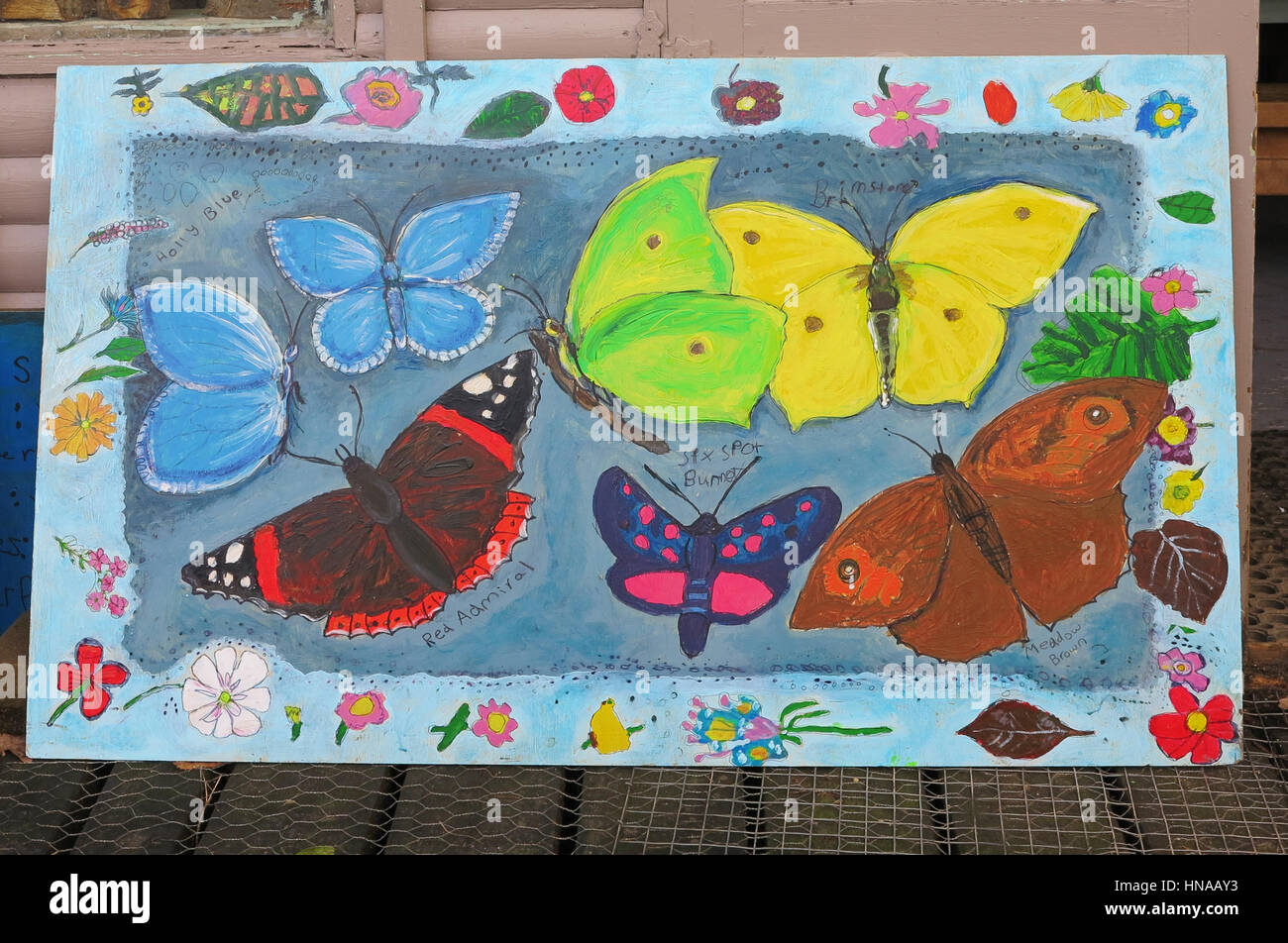 Colourful painting of British butterflies made by school children Stock Photo
