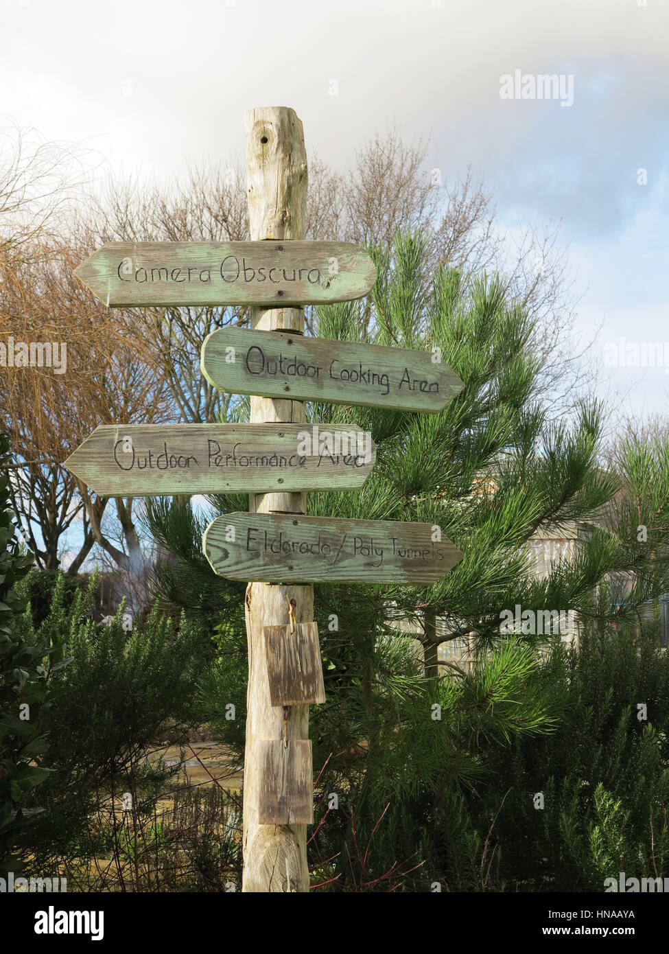 Wooden signposts in school garden Stock Photo