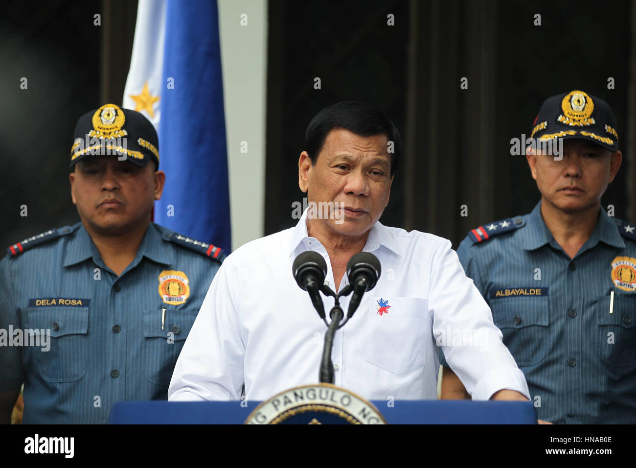 Philippine President Rodrigo Duterte addresses a group of police officers facing charges of corruption to be resigned to Basilan Island for two years at the Malacanang Palace February 7, 2017 in Manila, Philippines. The President gave the errant cops 15 days to decide whether to resign or accept their re-assignment. Stock Photo