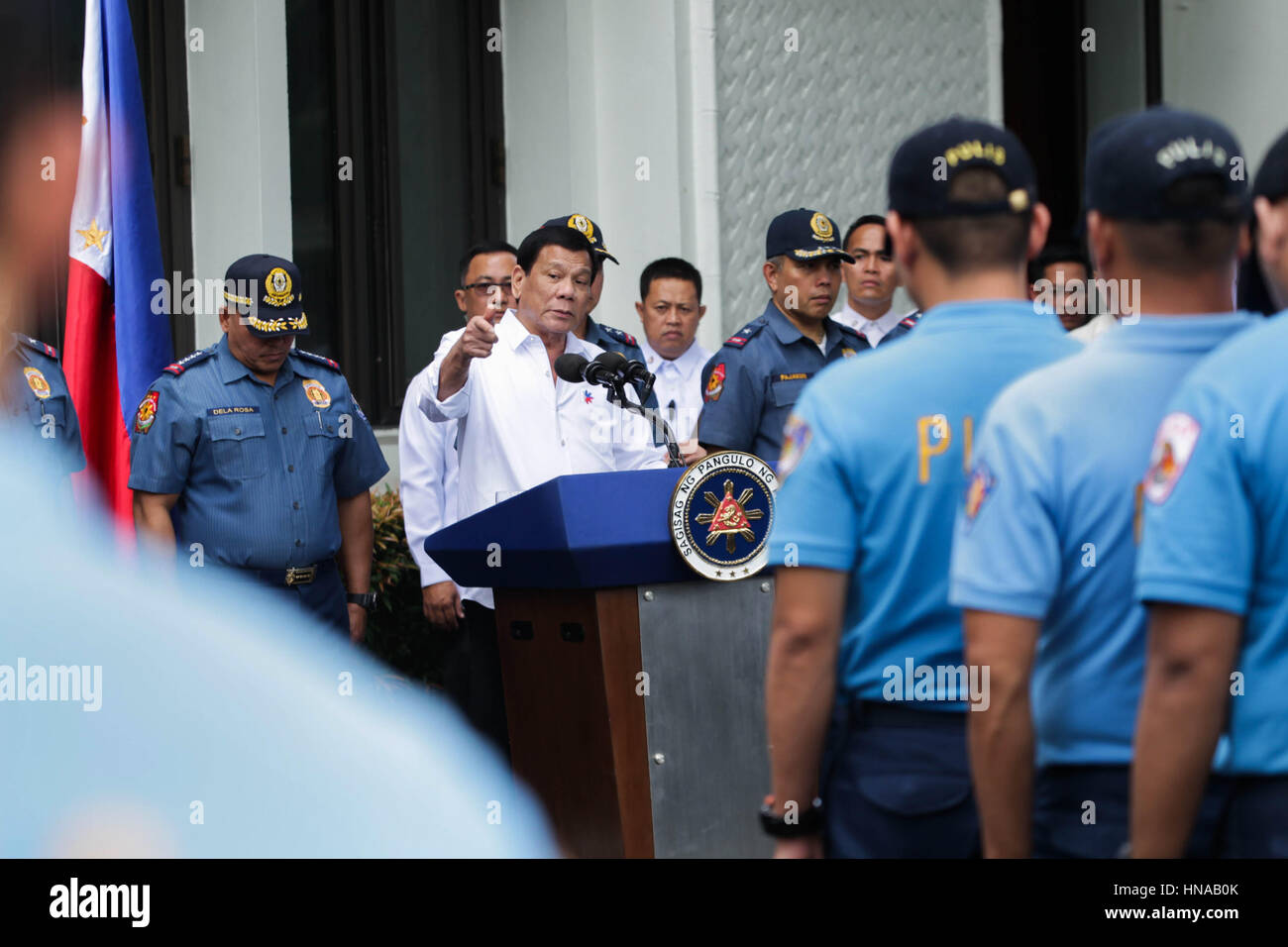 Philippine President Rodrigo Duterte addresses a group of police officers facing charges of corruption to be resigned to Basilan Island for two years at the Malacanang Palace February 7, 2017 in Manila, Philippines. The President gave the errant cops 15 days to decide whether to resign or accept their re-assignment. Stock Photo