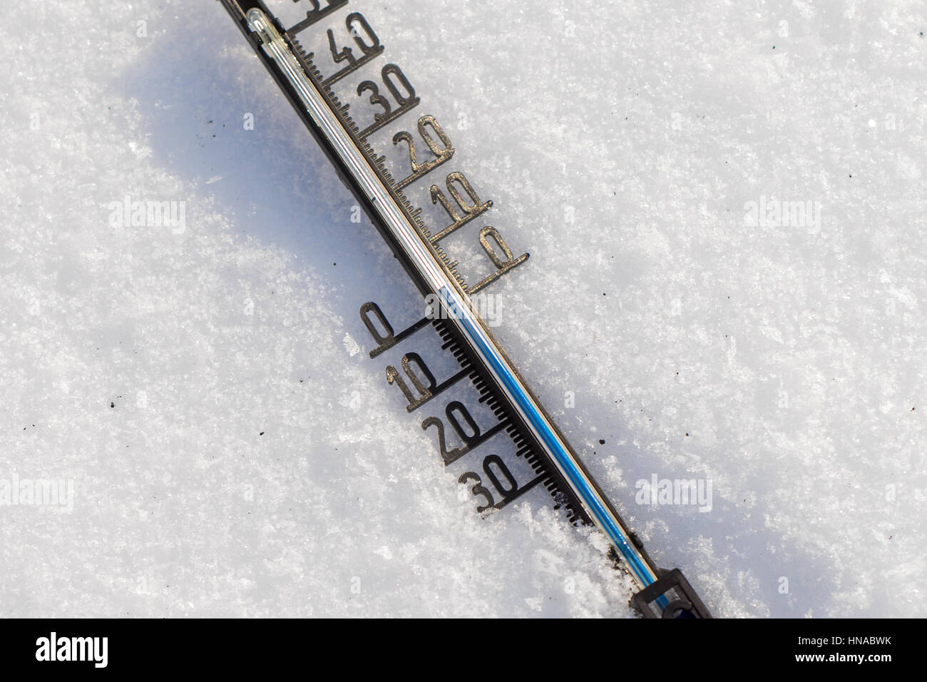 Thermometer on snow shows low temperatures in degrees Celsius Stock