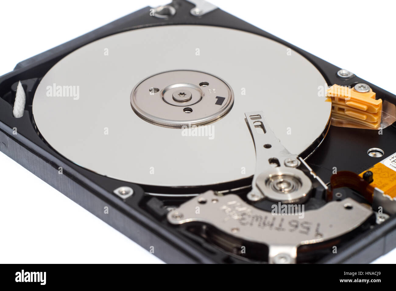 Close up inside of 2.5" computer hard disk drive HDD isolated on white background Stock Photo