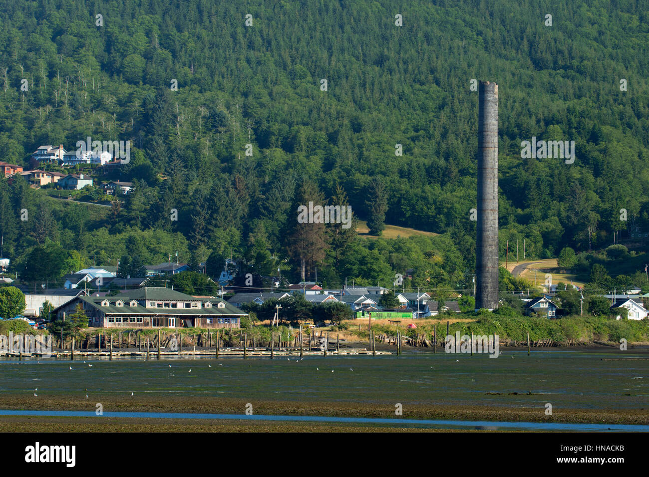 Garibaldi smokestack across Tillamook Bay, Garibaldi, Oregon Stock