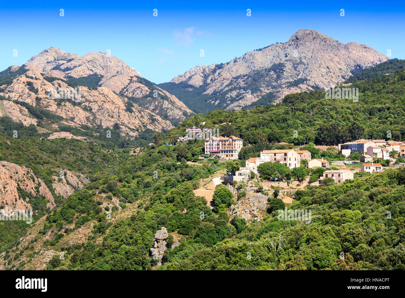 The village of Piana and hotel les roches rouges, Corsica, France Stock Photo Alamy