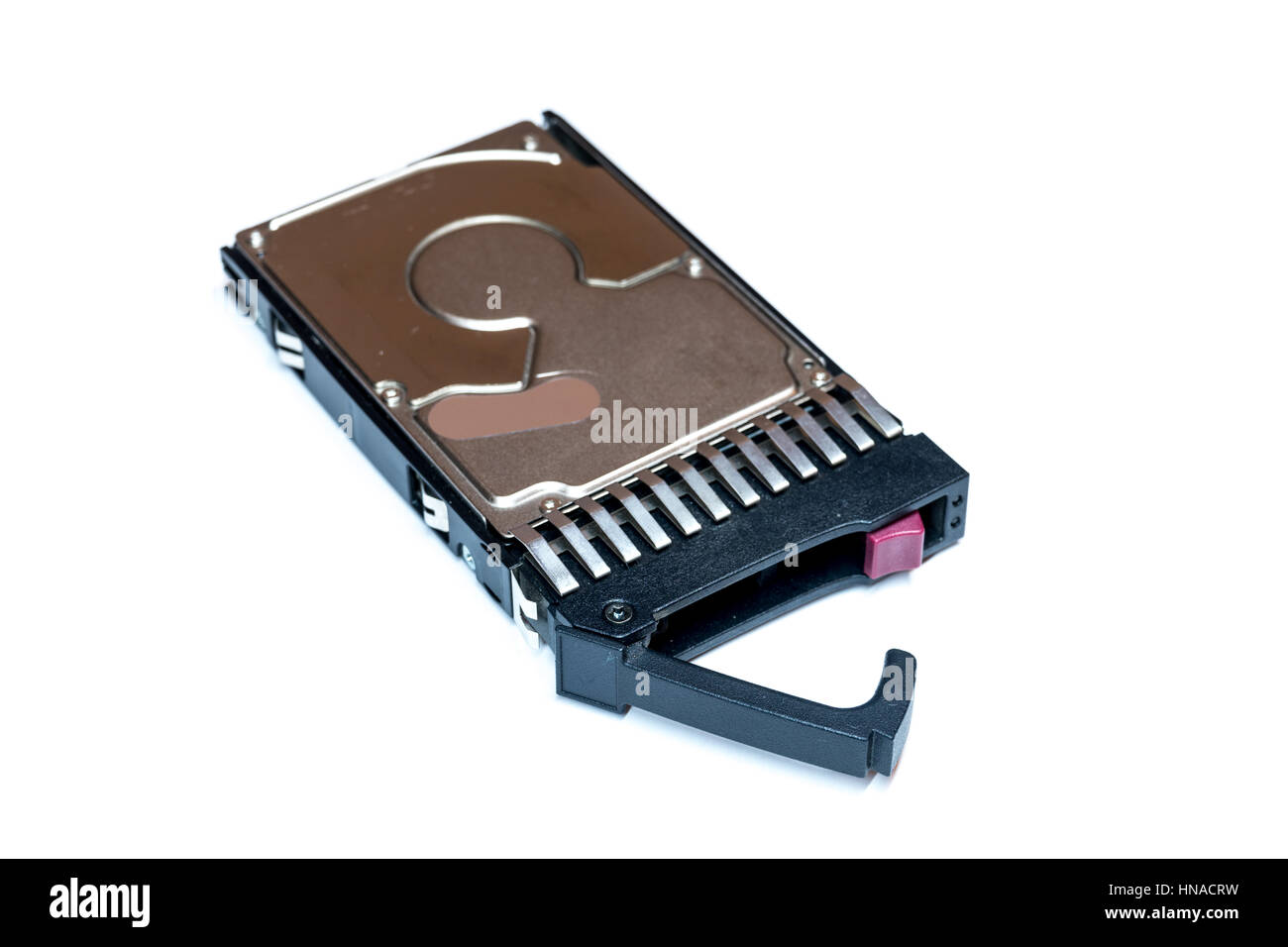 Close up of hot plug SAS computer disk drive HDD in tray isolated on white background Stock Photo