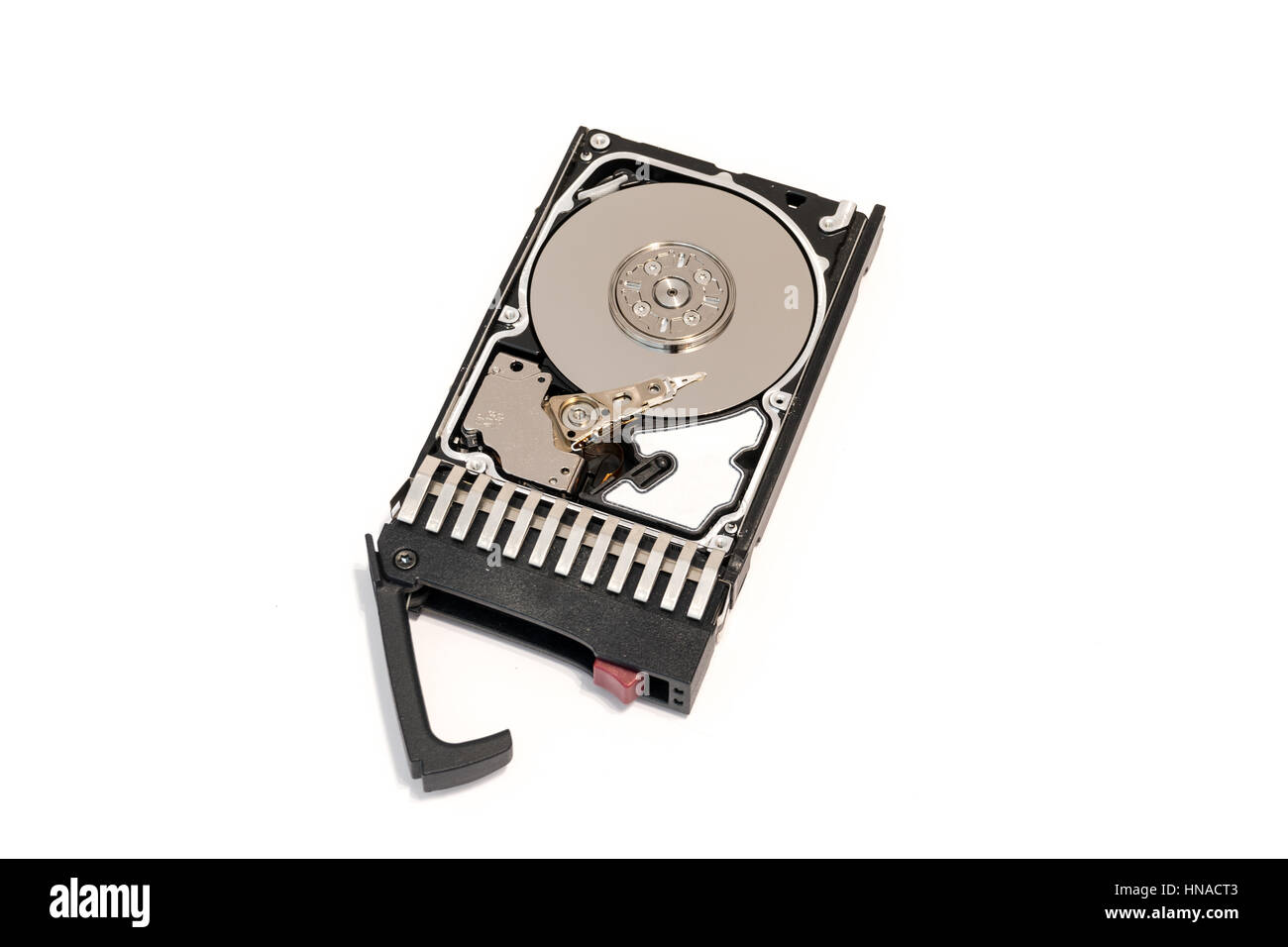 Close up inside of hot plug SAS computer disk drive HDD in tray isolated on white background Stock Photo